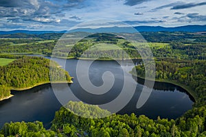 Aerial view of beautiful lake with islands and green forests near Karkonosze Mountains on a sunny summer day in Pilchowice