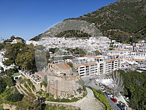 aerial view of the beautiful Mediterranean village of Mijas on the Costa del Sol of Malaga, Spain.