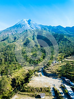 Aerial view of beautiful Merapi Mountain with the village below it