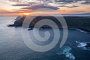 Aerial view on a beautiful morning with sunrise at Giants Causeway, the famous landmark in Northern Ireland UK