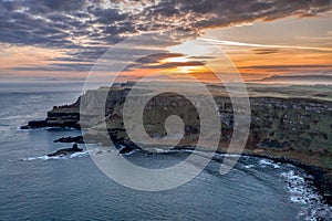 Aerial view on a beautiful morning with sunrise at Giants Causeway, the famous landmark in Northern Ireland UK