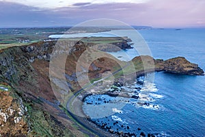 Aerial view on a beautiful morning with sunrise at Giants Causeway, the famous landmark in Northern Ireland UK