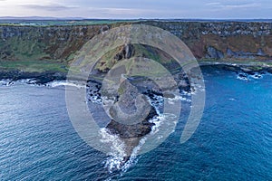 Aerial view on a beautiful morning with sunrise at Giants Causeway, the famous landmark in Northern Ireland UK