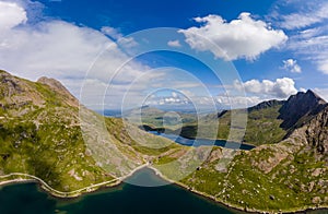 Aerial view of beautiful mountain lakes and hiking trails Miners and PyG tracks, Snowdon, Wales photo