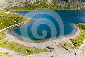 Aerial view of beautiful mountain lakes in North Wales Llyn Glaslyn, Snowdonia, Wales