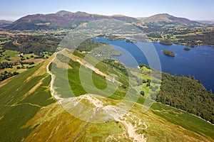 Aerial view of a beautiful mountain ridge in the English Lake District in summer (Catbells towards Keswick