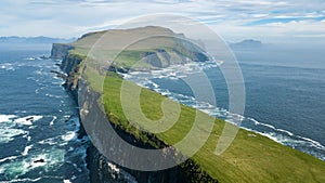 Aerial view of the beautiful Mykines island in Faroe Islands