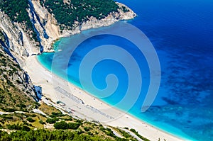 Aerial View of beautiful Myrtos Bay and Beach on Kefalonia Island, Greece