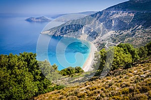 Aerial View of beautiful Myrtos Bay and Beach on Kefalonia Island, Greece