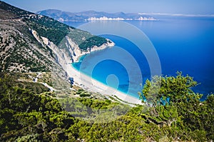 Aerial View of beautiful Myrtos Bay and Beach on Kefalonia Island, Greece