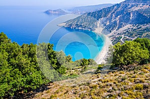 Aerial View of beautiful Myrtos Bay and Beach on Kefalonia Island, Greece