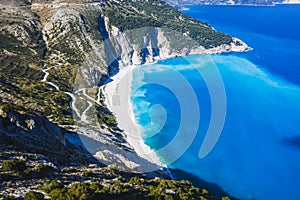 Aerial view of beautiful Myrtos beach on Kefalonia island, Greece