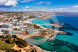 Aerial view of beautiful Nissi beach in Ayia Napa, Cyprus. Nissi beach in Ayia Napa famous tourist beach in Cyprus. A view of a photo