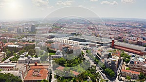 Aerial view beautiful popular tourist city Madrid Atocha train station largest railway station in Spain historical