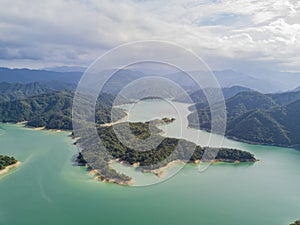 Aerial view of the beautiful Qiandao Lake at Shiding District