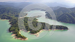 Aerial view of the beautiful Qiandao Lake at Shiding District