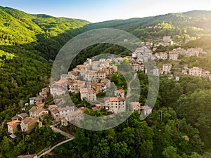 Aerial view of beautiful Raggiolo village, located on the eastern slopes of Pratomagno, surrounded by chestnut forests