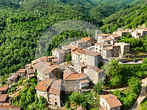 Aerial view of beautiful Raggiolo village, located on the eastern slopes of Pratomagno, surrounded by chestnut forests