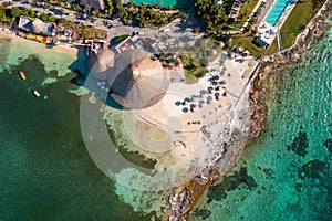 Aerial view of the beautiful resort by the sea coral reef.