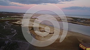 Aerial view beautiful Ria Formosa at sunset in Fuseta, Algarve, Portugal