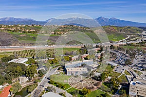 Aerial view of the beautiful rose garden with mount Baldy of Cal Poly Pomona