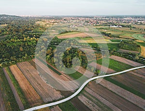 Aerial view of beautiful rural landscape on the edge of forest in foreground, with Zagreb city in background, photographed with