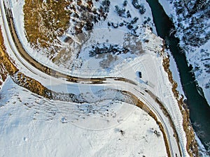 Aerial view of Beautiful S road snow scene in the West Tianshan Mountains in winter