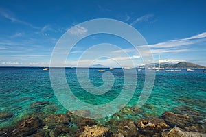 Aerial view of beautiful seascape of Capri Island under blue sky