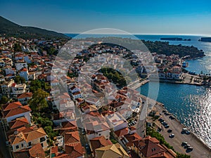 Aerial view of the beautiful seaside city of Pilos located in western Messenia, Greece