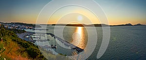 Aerial view of the beautiful seaside city of Pylos located in Messenia, Peloponnese, Greece at sunset