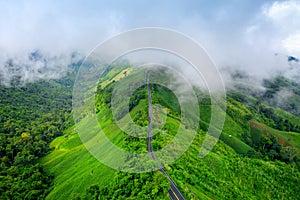 Aerial view of Beautiful sky road over top of mountains with green jungle in Nan province, Thailand