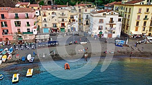 Aerial view of beautiful Sorrento Beach and port at summer sunset, Amalfi Coast - Italy