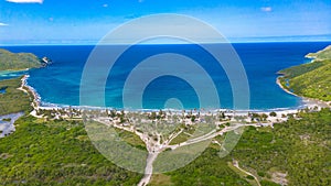 Aerial view of the beautiful sunny Bahia de Patanemo beach in Puerto Cabello, Venezuela