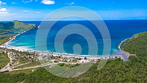 Aerial view of the beautiful sunny Bahia de Patanemo beach in Puerto Cabello, Venezuela