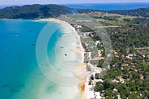 Aerial view of a beautiful sunny day over Koh Rong Samloem island, Cambodia