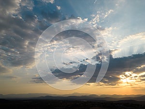 Aerial view of a beautiful sunset with mountains in the background. Vacation concept. Mexican landscape at sunset