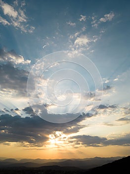 Aerial view of a beautiful sunset with mountains in the background. Vacation concept. Mexican landscape at sunset