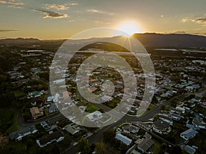 Aerial view of beautiful sunset in Te Puke city. Bay of Plenty, New Zealand