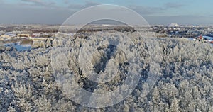 Aerial view of beautiful sunset at winter forest.