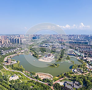 Aerial view of  beautiful tang dynasty style lake park in xian