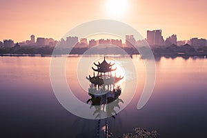 Aerial view Beautiful traditional Chinese Pagoda  and Wuliting at sunrise , Kaohsiung, Taiwan. Asia