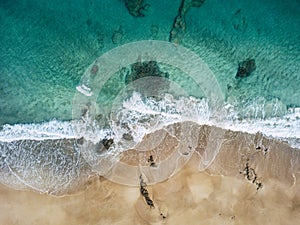 Aerial view of beautiful tropical beach and blue ocean landscape - heaven resort paradise concept for great sumer holiday vacation