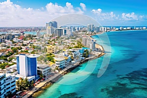 Aerial view of beautiful tropical beach and sea with blue sky background, Aerial view of Male the capital of the Maldives, AI