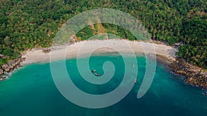 Aerial view of beautiful tropical hidden beach in Phuket. Landscape. Thailand. Asia. Nature. Sunny day