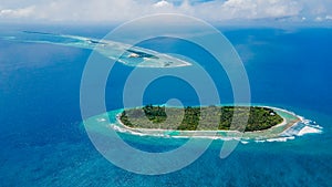 Aerial view of the beautiful tropical island Ariadhoo at Alif Dhaal Atoll at the indian ocean