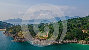 Aerial view of beautiful tropical rocky coastline in Phuket. Landscape. Thailand. Asia. Nature. Sunny day