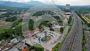 Aerial view of the beautiful Tugu Pancakarsa near from sentul circuit. Bogor, Indonesia, March 3, 2022