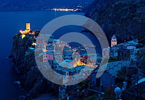 Aerial view of beautiful Vernazza in peaceful morning twilight