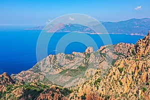 Drone photography of bizarre red rocks in the Calanches above the gulf of Porto, Corsica France
