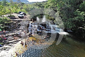 Aerial view of a beautiful waterfall in Capitolio